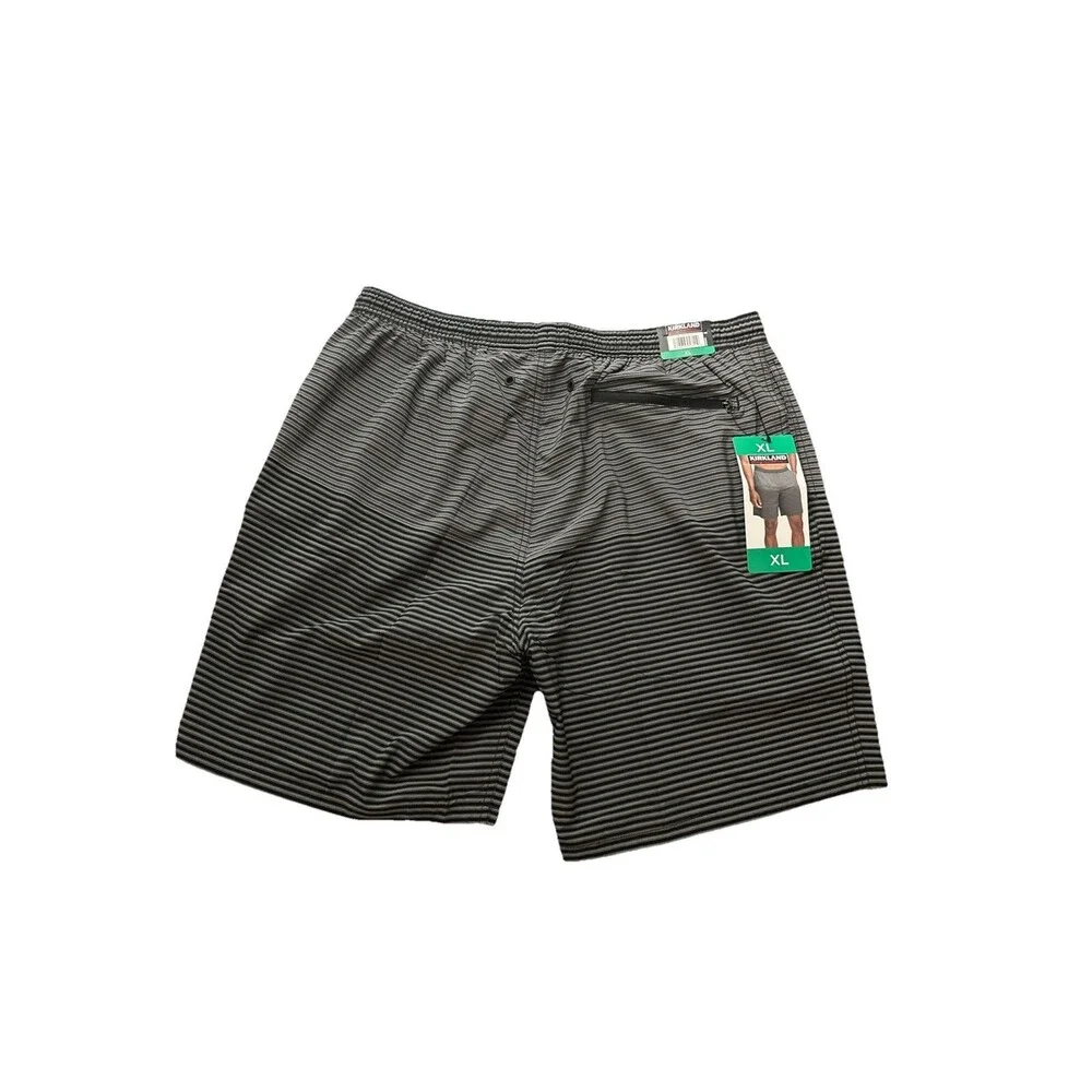 Kirkland Signature  Men's Swim Shorts Trunks Stripe Gray Black Stretch